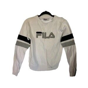 Vintage FILA Cropped Sweatshirt White Pullover Long Sleeve Crew Neck Womans Sz S